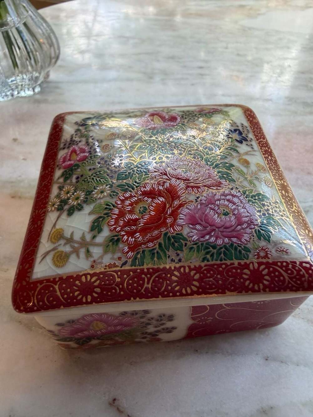Satsuma Japan Hand Painted Porcelain Square Trinket Box with Floral Pattern and